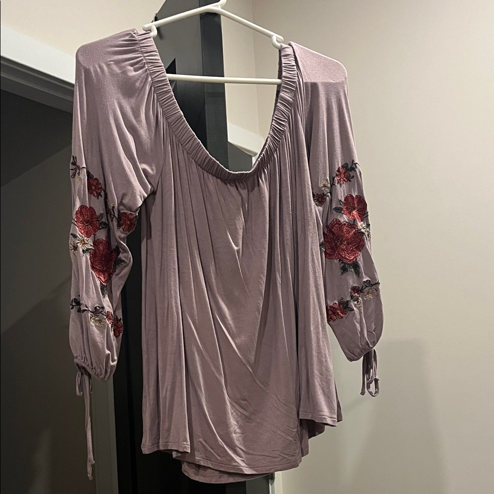 American Eagle Outfitters Mauve Blouse with Floral Embroidery